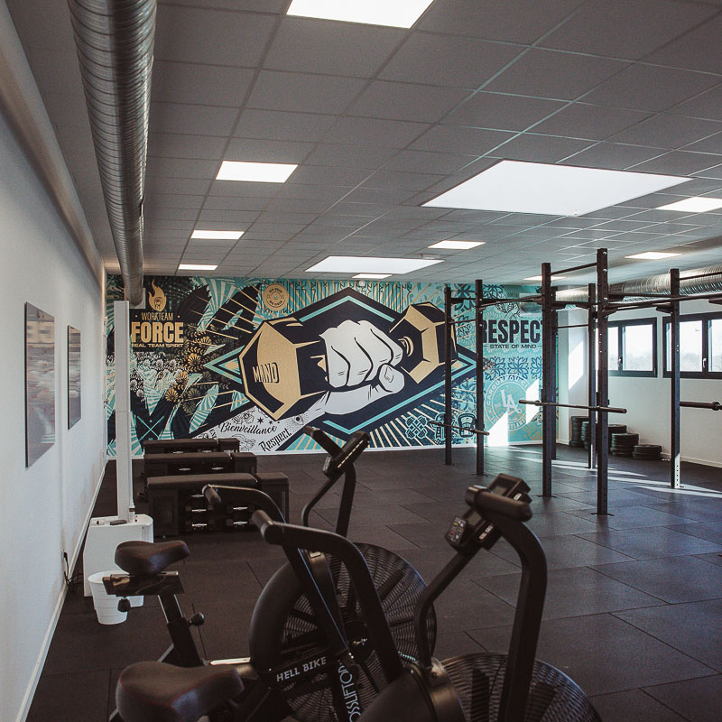 Fresque murale tapisserie pour la salle de sport Artligne à Carquefou (44470) réalisé par l'agence EB à Nantes (44200)