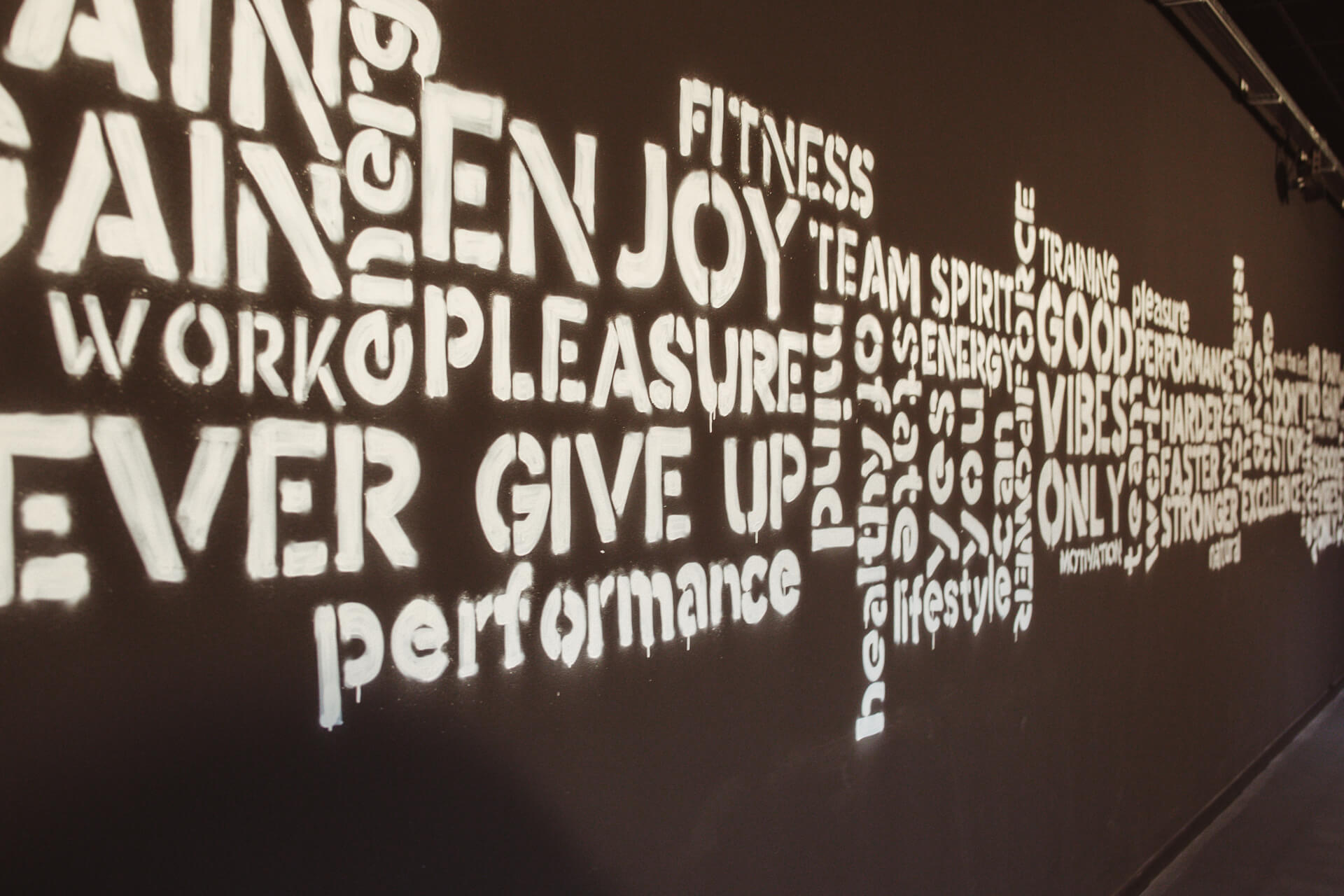 Fresque murale réalisée à la main dans la salle Fitness chez Artligne à Carquefou (44470) réalisé par l'agence de publicité EB à Nantes (44200)