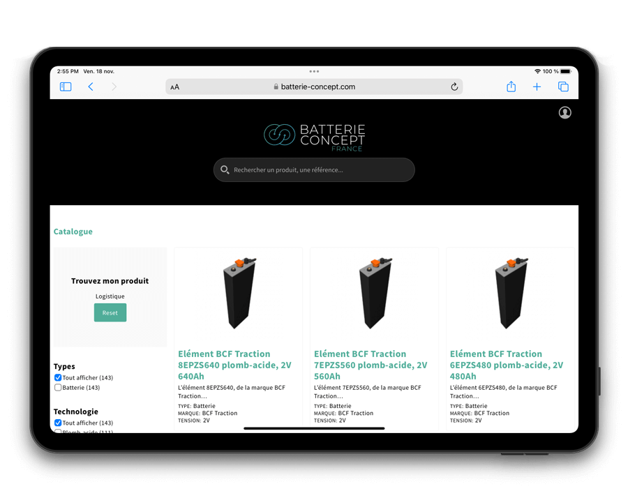 La catalogue produit de Batterie Concept à Aubigny-Les Clouzeaux (85430) en version tablette réalisé par l'agence digitale EB à Nantes (44200)