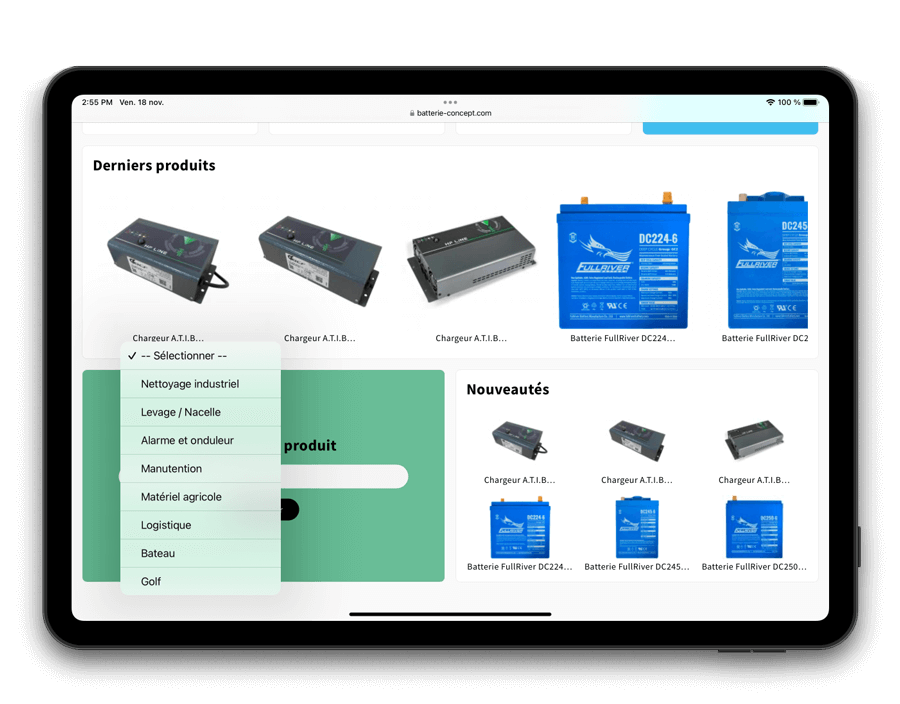 La page catalogue de produits réalisé par notre agence de communication à Nantes (44200) pour Batterie Concept à Aubigny-Les Clouzeaux (85430)