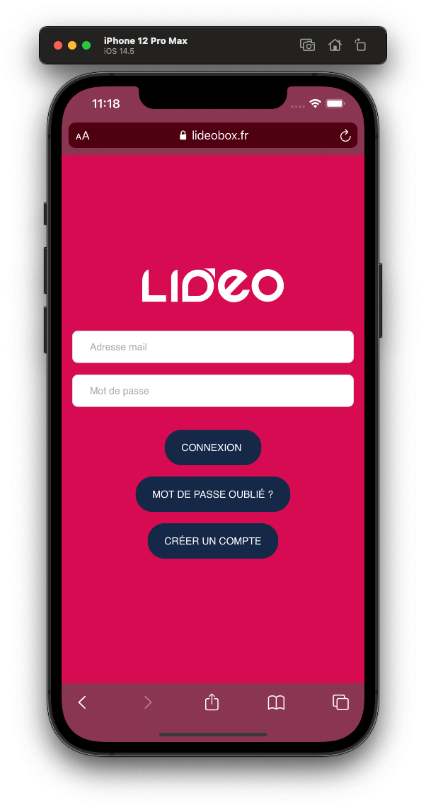 Page de connexion de l'application mobile LIDEO